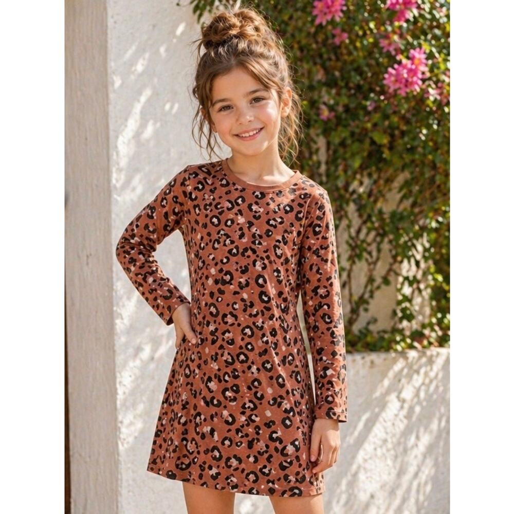 Hanna Andersson Leopard Dress 6/7 Long Sleeve Cotton Canyon Animal Print